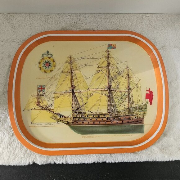 Vintage Metal Dinner Tray Ship Anit Slip Grip Nautical Retro 70s - Picture 1 of 15
